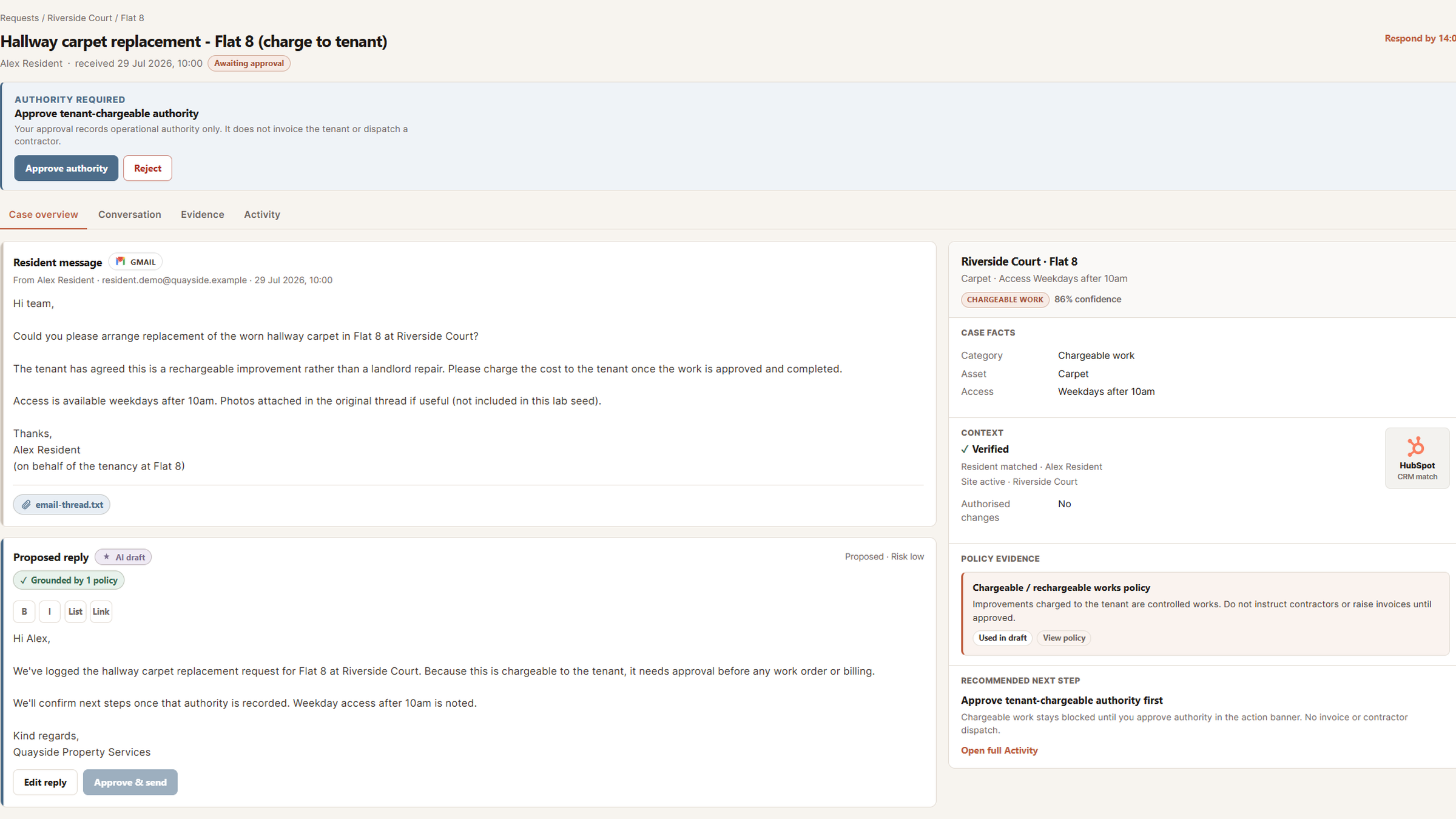Chargeable maintenance work held for authority approval in OpsDesk before any spend proceeds