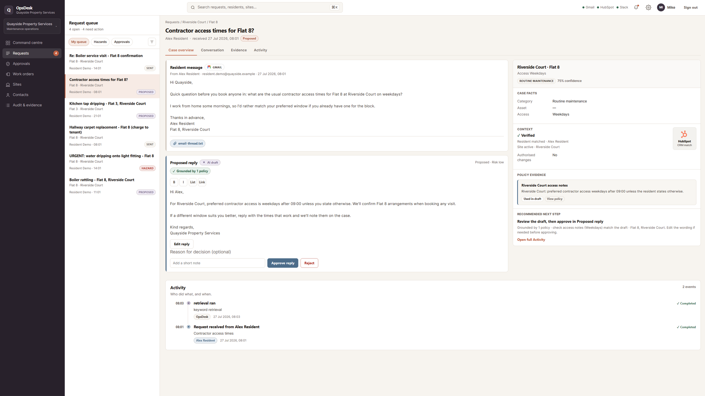 OpsDesk command centre with request queue, resident message, proposed reply, and evidence rail on one case workspace