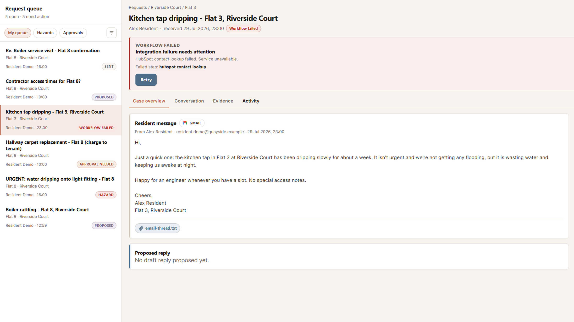 Failed HubSpot integration visible on the case with retry and needs-attention status