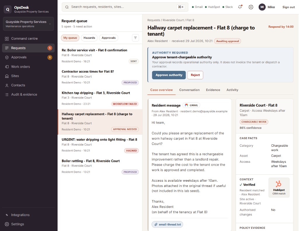 OpsDesk request queue with chargeable work awaiting approval