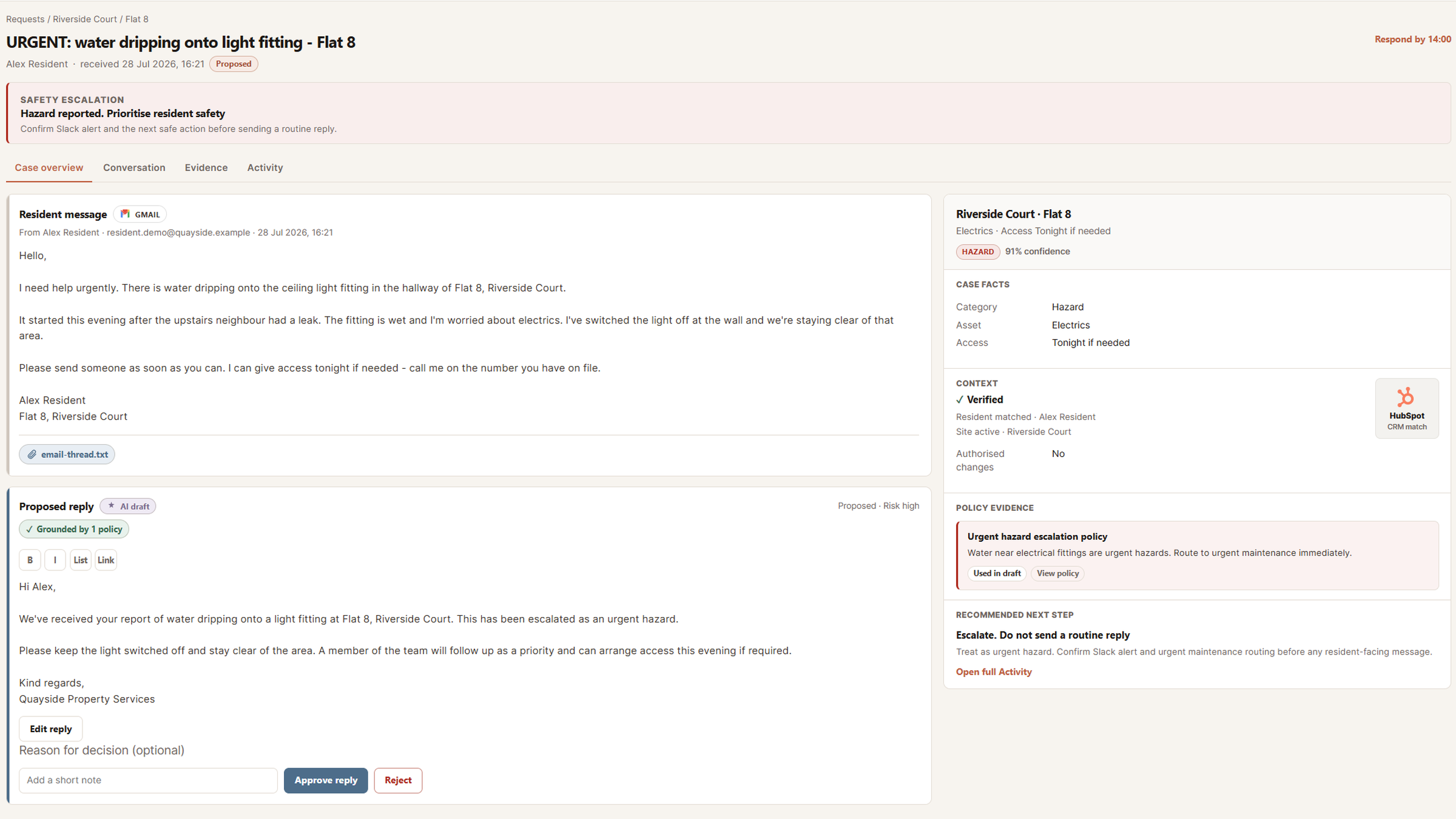 Urgent hazard case with safety escalation banner prompting Slack alert confirmation before a routine reply